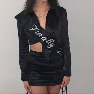 Two Piece Silky Black Skirt Set